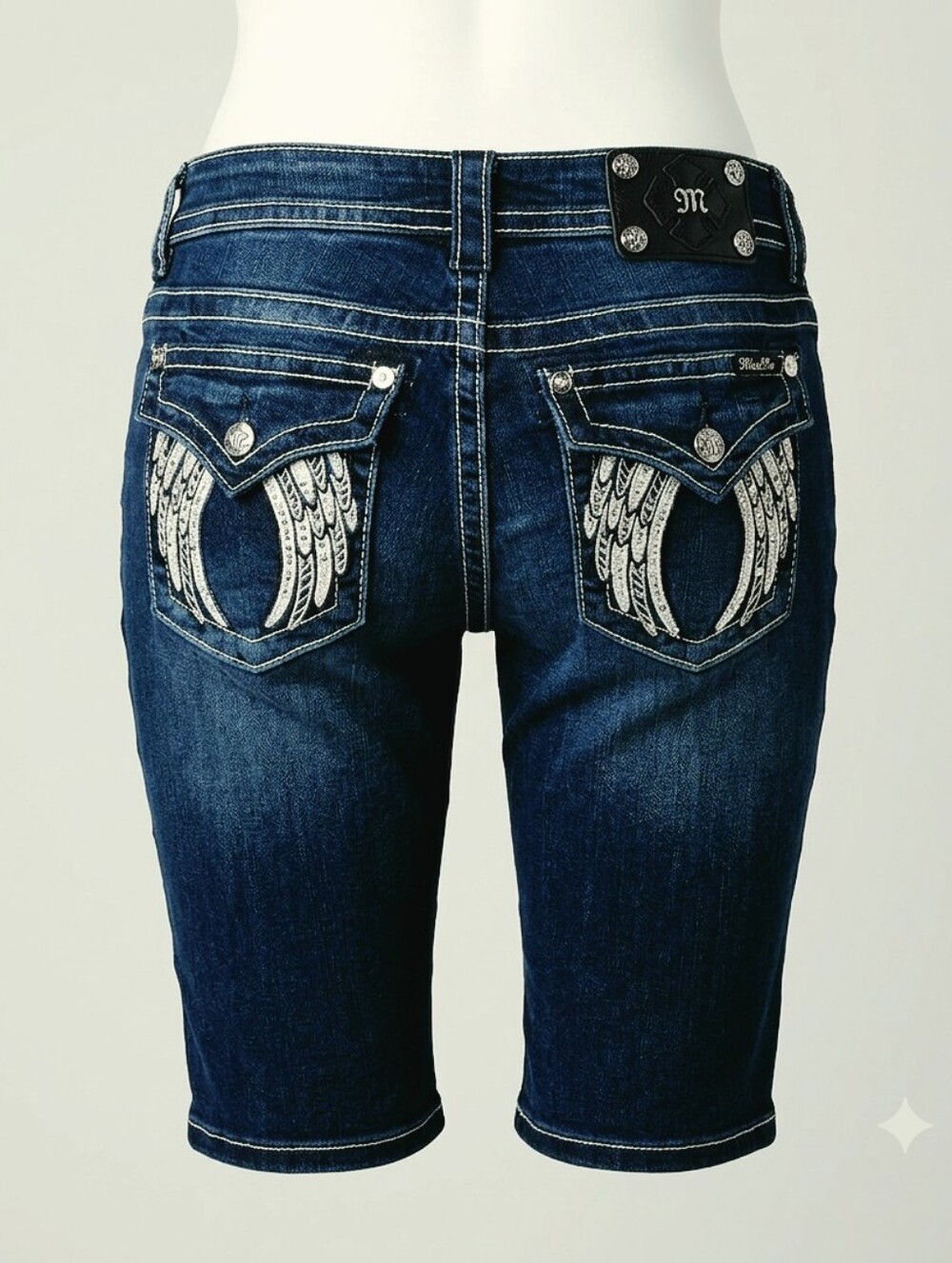 Miss Me Denim Bermuda Shorts Womens 28 Angel Wings Jeweled Low Rise Flap Pockets